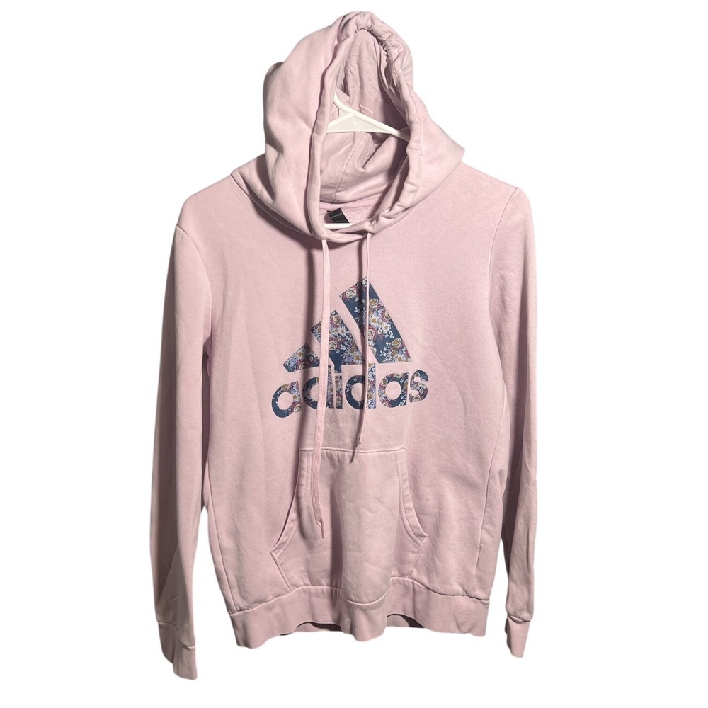 Adidas Women's Pink Floral Logo Pullover Hoodie Sweatshirt Size S Small Stains